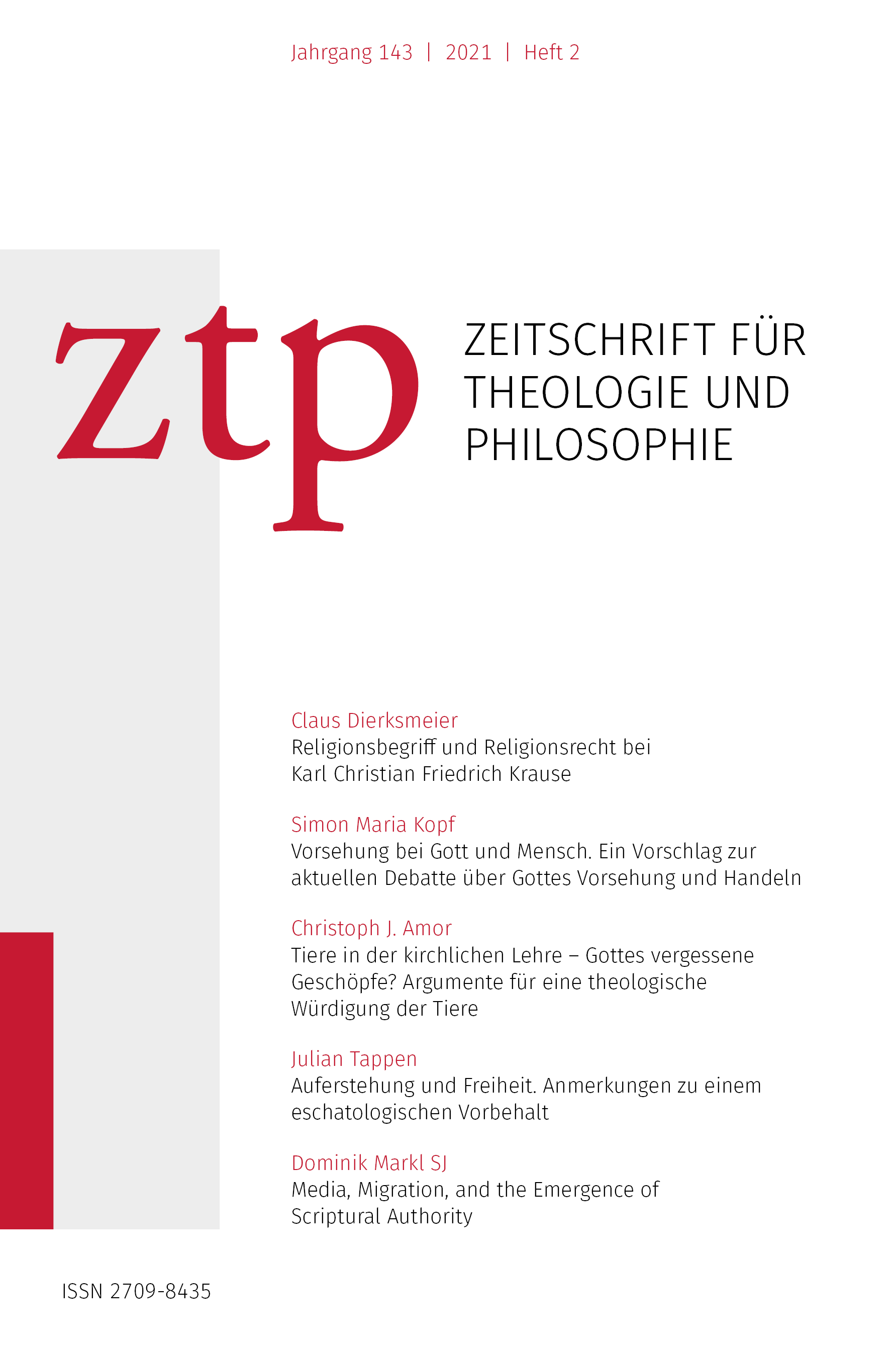 Titelseite der Zeitschrift für Theologie und Philosophie 143 (2021) 2